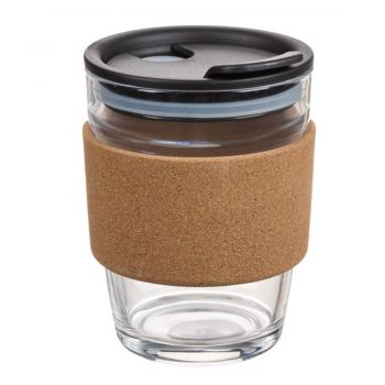 Cana de voiaj Pufo din sticla cu protectie termica de pluta pentru cafea sau ceai, 300 ml, transparent la reducere