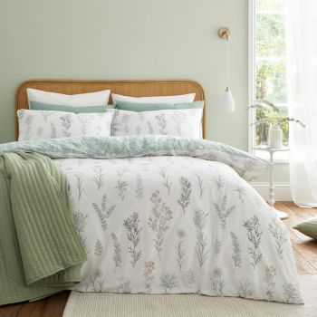Lenjerie de pat albă/verde din bumbac pentru pat de o persoană 135x200 cm Wild Flowers – Bianca ieftina