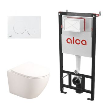 Set complet vas WC suspendat Fluminia, Alfonzo, alb, cu rezervor Alca și clapetă albă la reducere