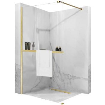 Paravan de duș Rea Aero+Evo, tip walk-in, cu suport de prosoape, auriu periat - 100 cm
