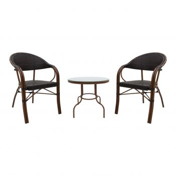 Set mobilier de gradina 3 piese Paula, Pakoworld, masa si 2 scaune, 60x60x60 cm, metal/sticla/ratan sintetic, maro