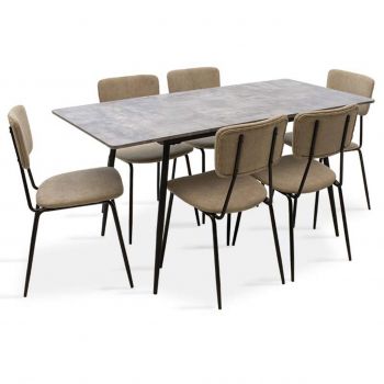 Set masa extensibila si 6 scaune Shazam-Tania, Pakoworld, 120-160x80x76 cm, MDF/fier/textil, gri ciment/negru/bej