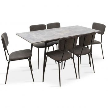 Set masa extensibila si 6 scaune Shazam-Tania, Pakoworld, 120-160x80x76 cm, MDF/fier/textil, gri ciment/negru/gri inchis ieftina