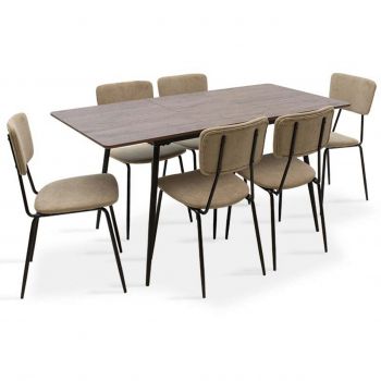 Set masa extensibila si 6 scaune Shazam-Tania, Pakoworld, 120-160x80x76 cm, MDF/fier/textil, maro/negru/bej ieftina