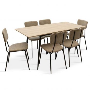 Set masa extensibila si 6 scaune Shazam-Tania, Pakoworld, 120-160x80x76 cm, MDF/fier/textil, sonoma/negru/bej ieftina