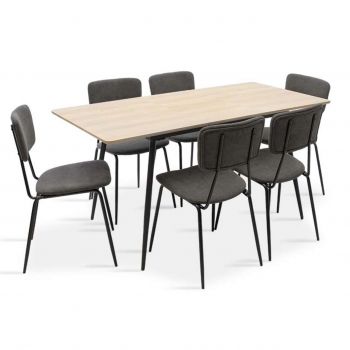 Set masa extensibila si 6 scaune Shazam-Tania, Pakoworld, 120-160x80x76 cm, MDF/fier/textil, sonoma/negru/gri inchis